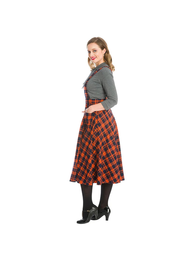50's Length Pinafore Dress in Orange and Black Tartan
