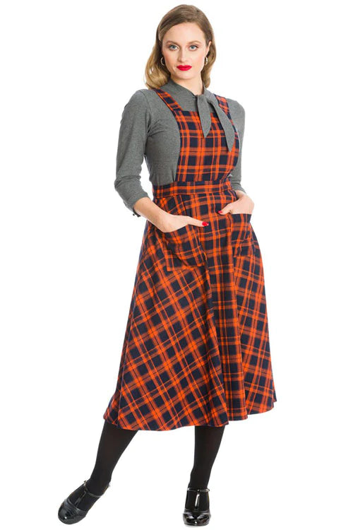50's Length Pinafore Dress in Orange and Black Tartan
