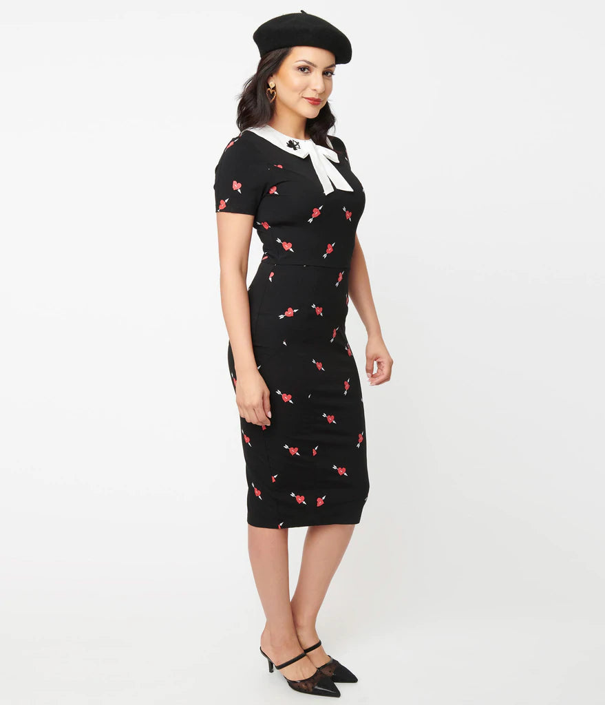 Unique Vintage Black & Pierced Heart Print Renata Pencil Dress XS - 5X