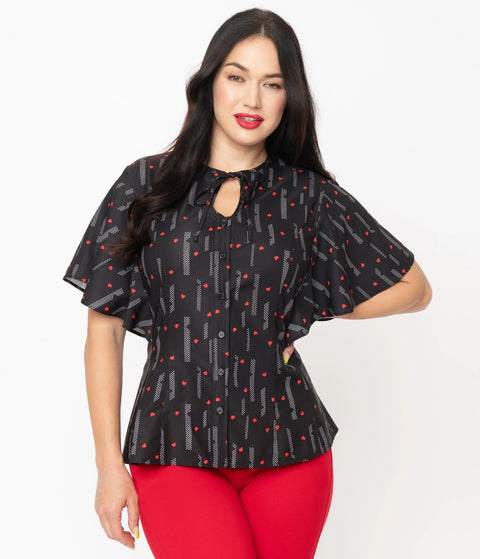 Unique Vintage Black & Red Heart Cecilia Blouse Sizes XS-5X