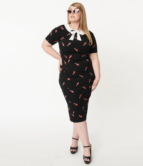 Unique Vintage Black & Pierced Heart Print Renata Pencil Dress XS - 5X