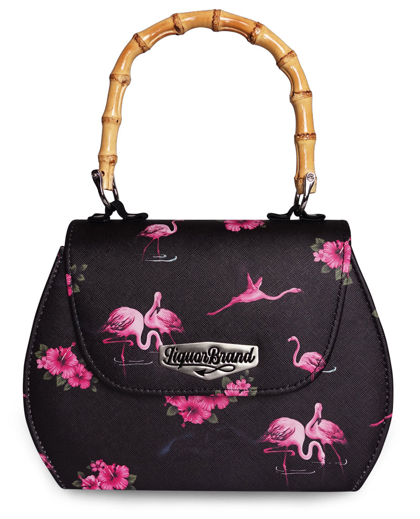 Liquorbrand Retro Bamboo Handle Bag - Flamingos -Black