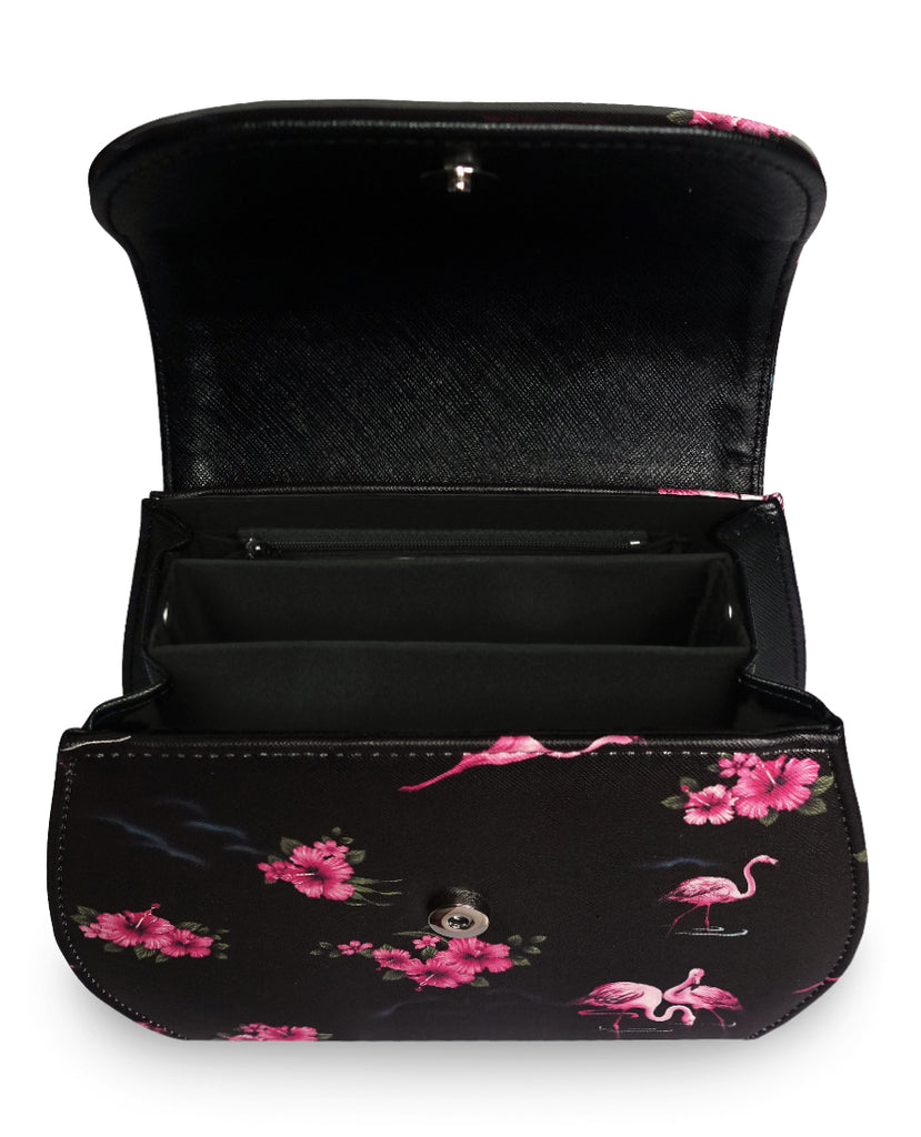 Liquorbrand Retro Bamboo Handle Bag - Flamingos -Black