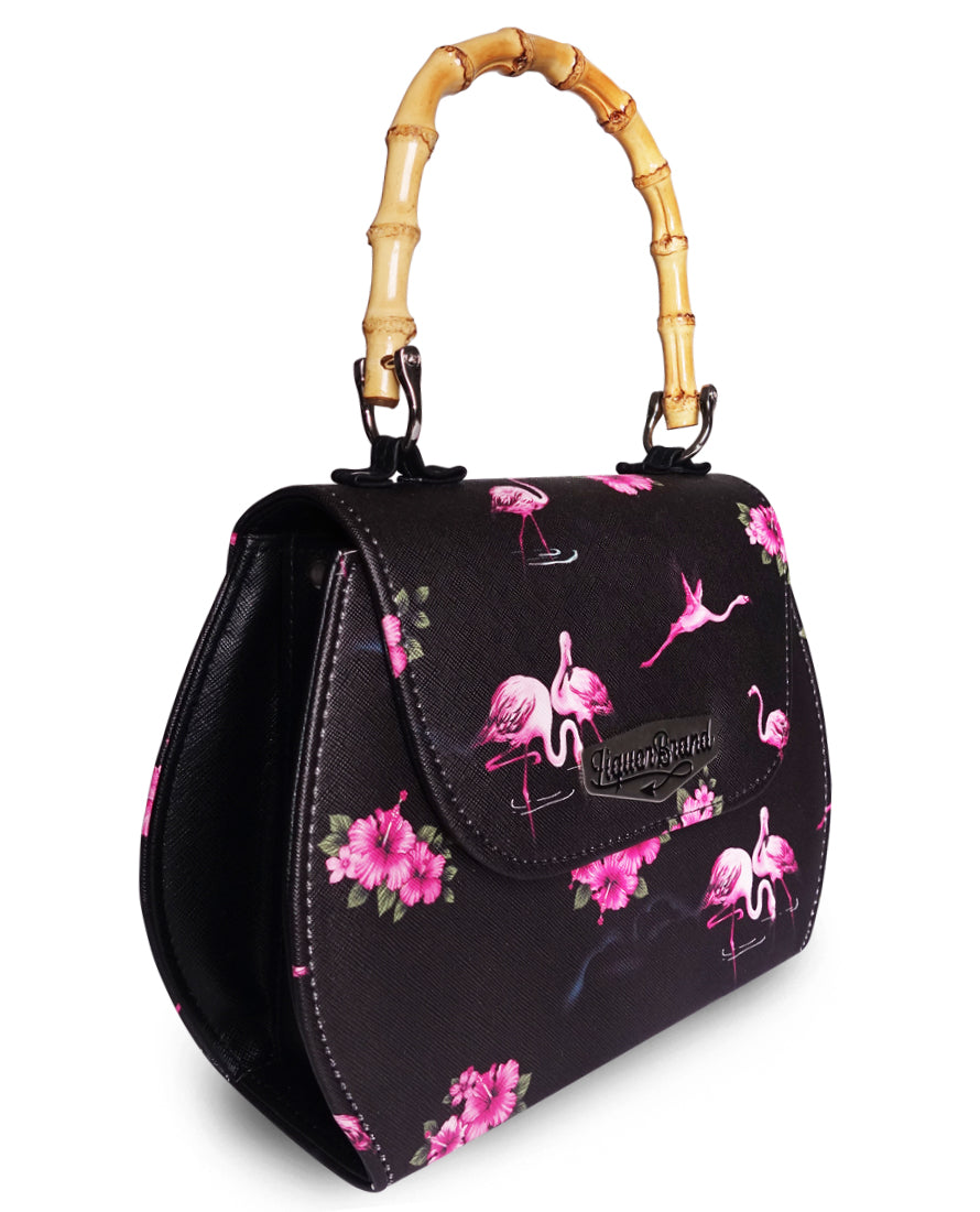 Liquorbrand Retro Bamboo Handle Bag - Flamingos -Black