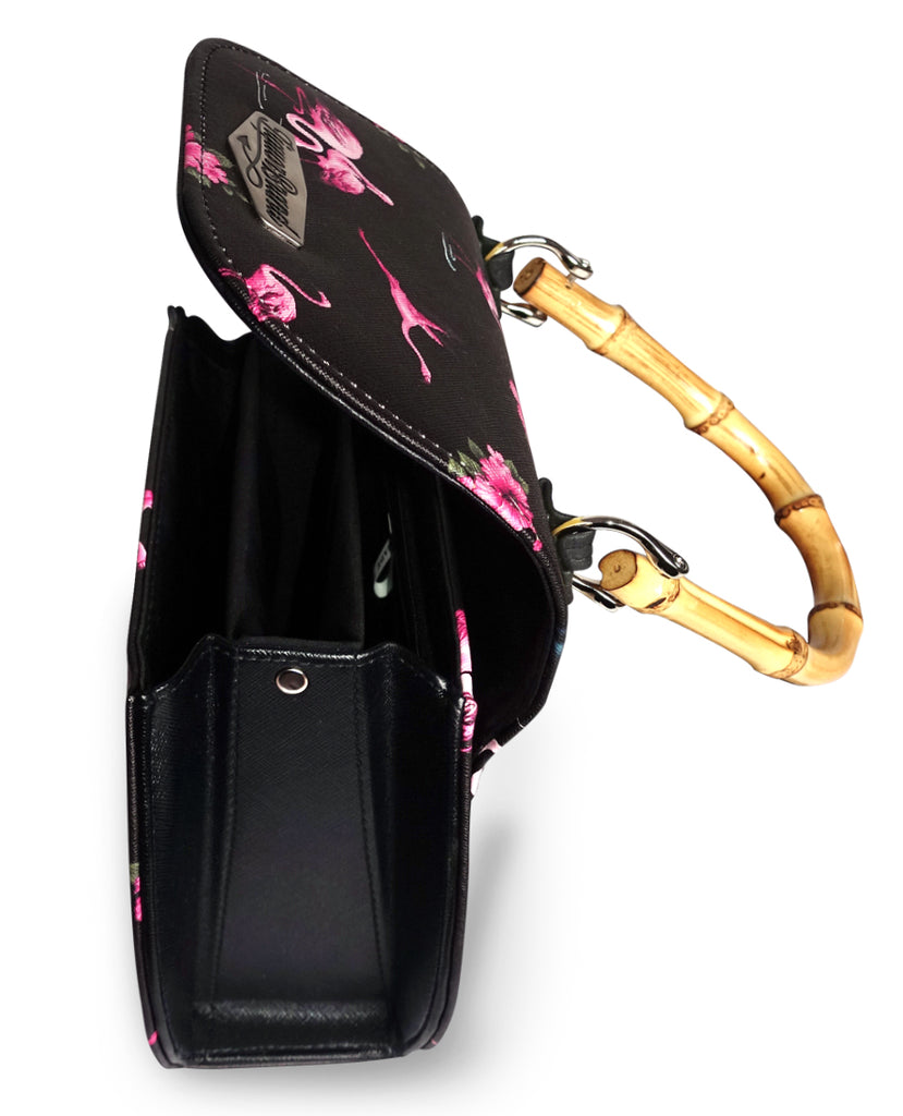 Liquorbrand Retro Bamboo Handle Bag - Flamingos -Black