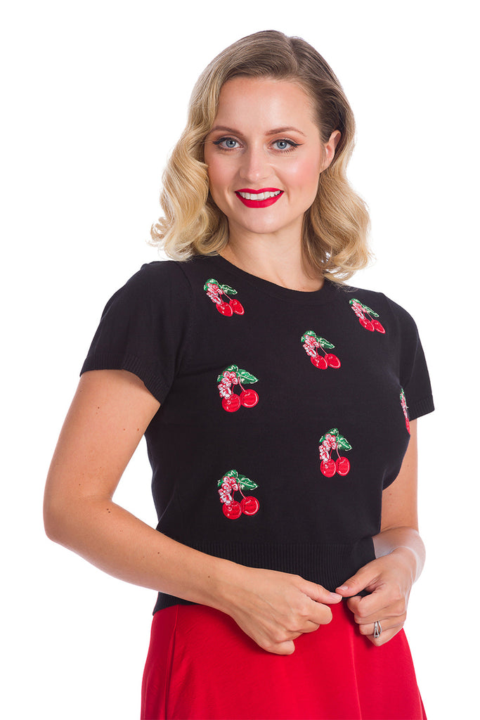 Retro 1950's Cherry Berry Embroidery Knit Vintage Top
