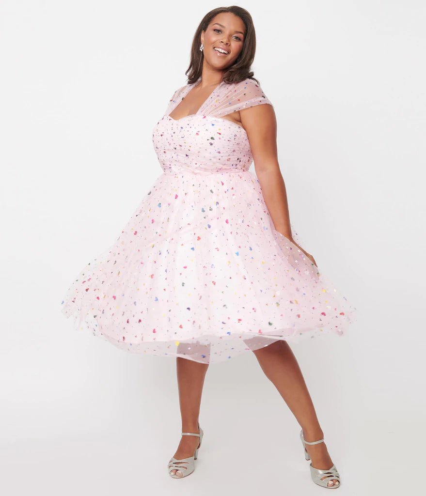 Unique Vintage Pink Rainbow Hearts Garden State Swing Dress